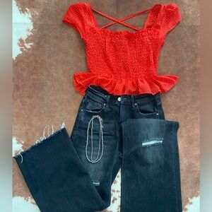 red and white polka dot blouse